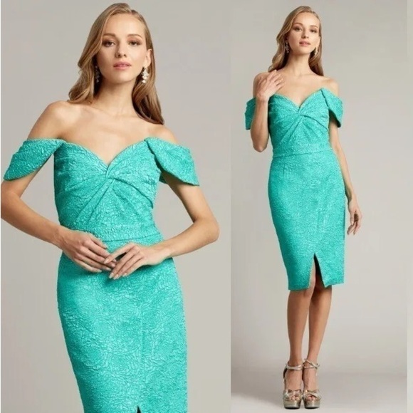 NEW! Tadashi Shoji Audrie Off Shoulder Jacquard Dress 👗 Jasmine Green sz 14 NWT - Picture 1 of 15